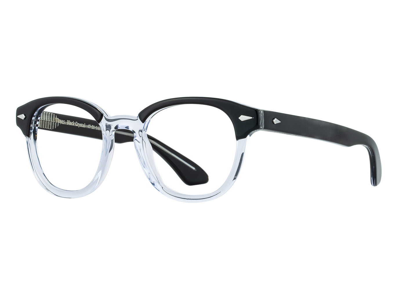 Front angle view of black and crystal American Optical Times frame only acetate sunglasses