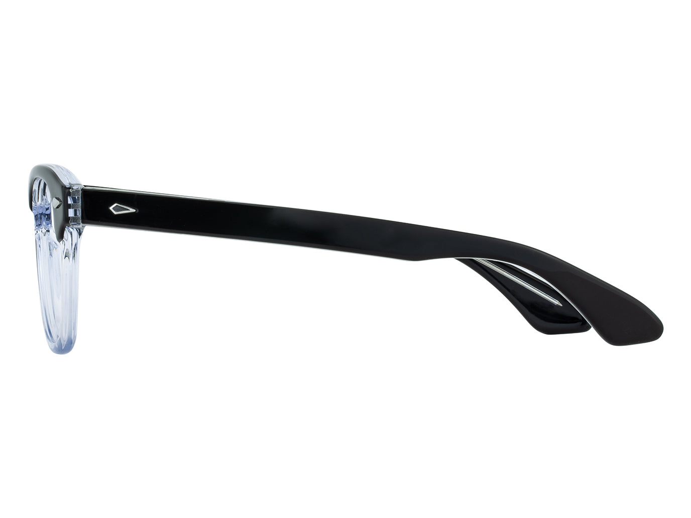 Side view of black and crystal American Optical Times frame only acetate sunglasses