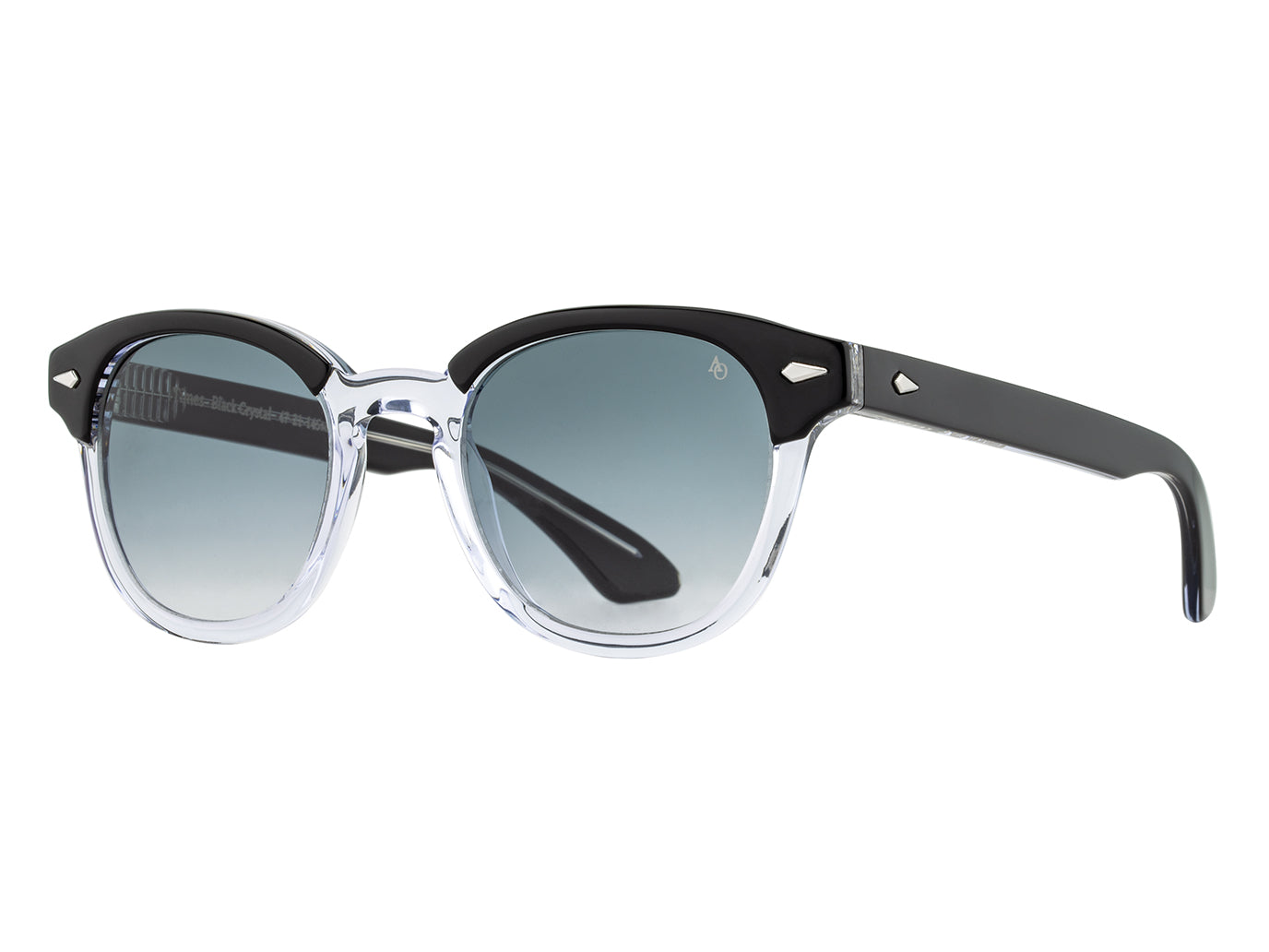 Front angle view of black and crystal American Optical Times acetate sunglasses with non-polarised grey gradient nylon lens