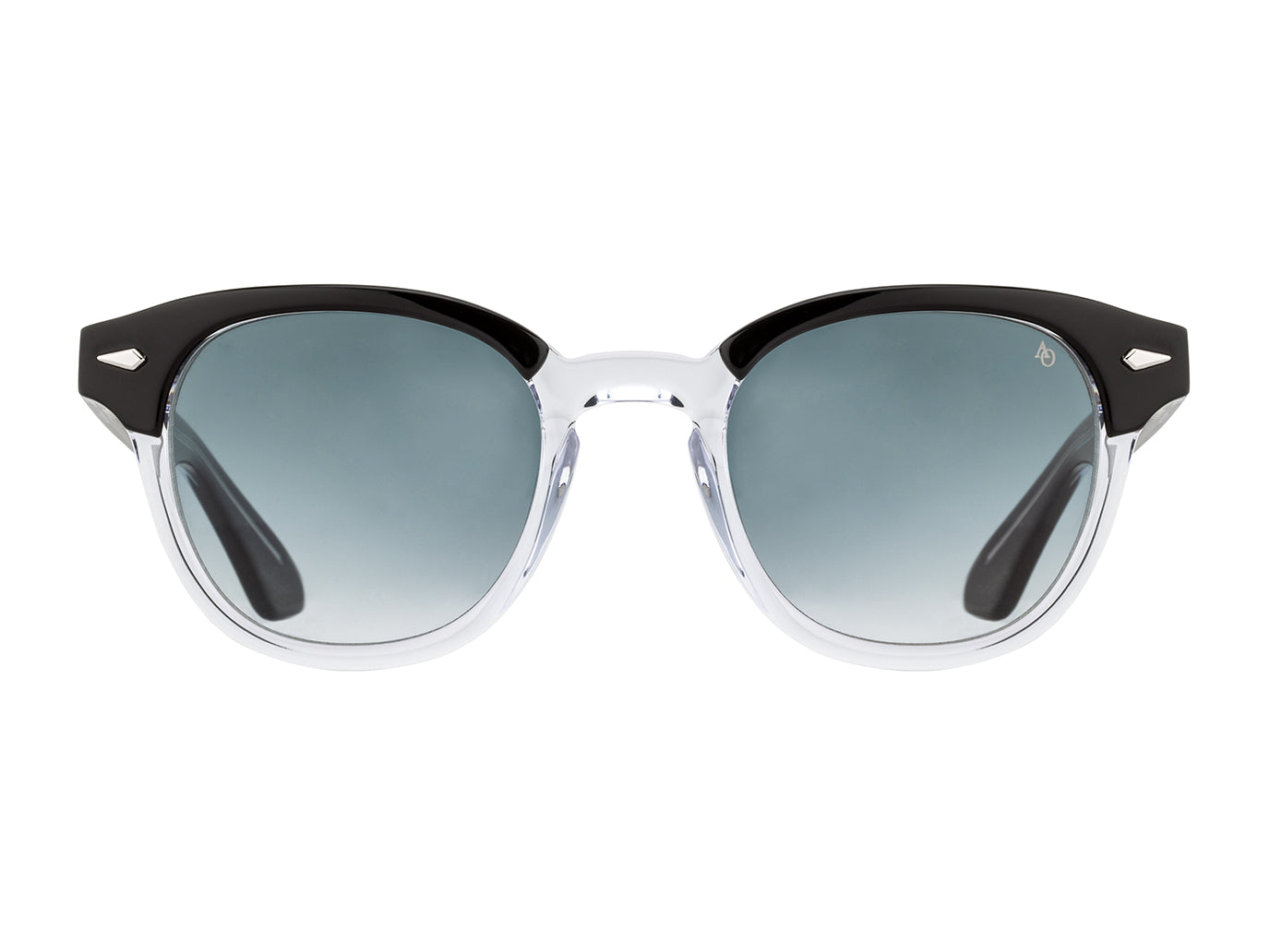 Front view of black and crystal American Optical Times acetate sunglasses with non-polarised grey gradient nylon lens