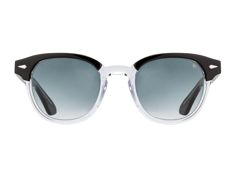 Front view of black and crystal American Optical Times acetate sunglasses with non-polarised grey gradient nylon lens