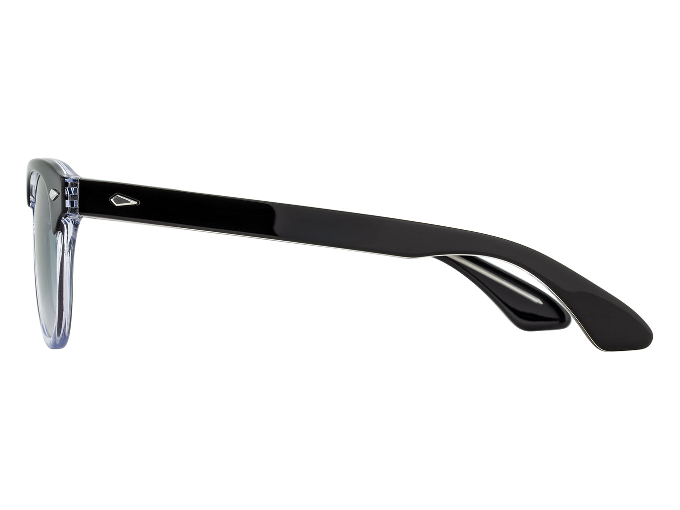 Side view of black and crystal American Optical Times acetate sunglasses with non-polarised grey gradient nylon lens