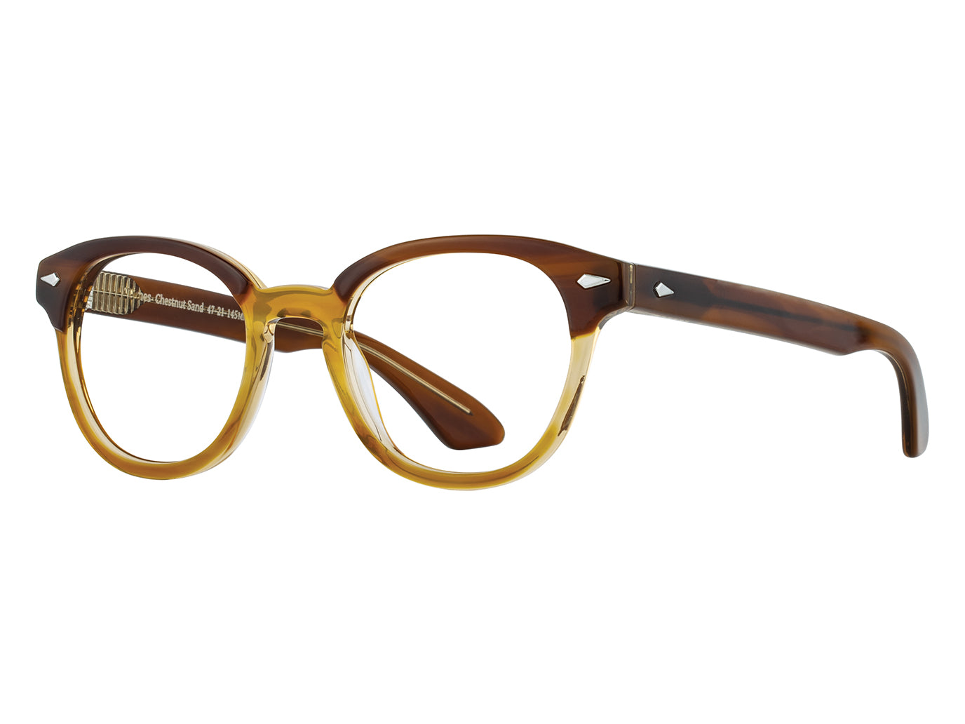 Front angle view of chestnut and sand American Optical Times frame only acetate sunglasses