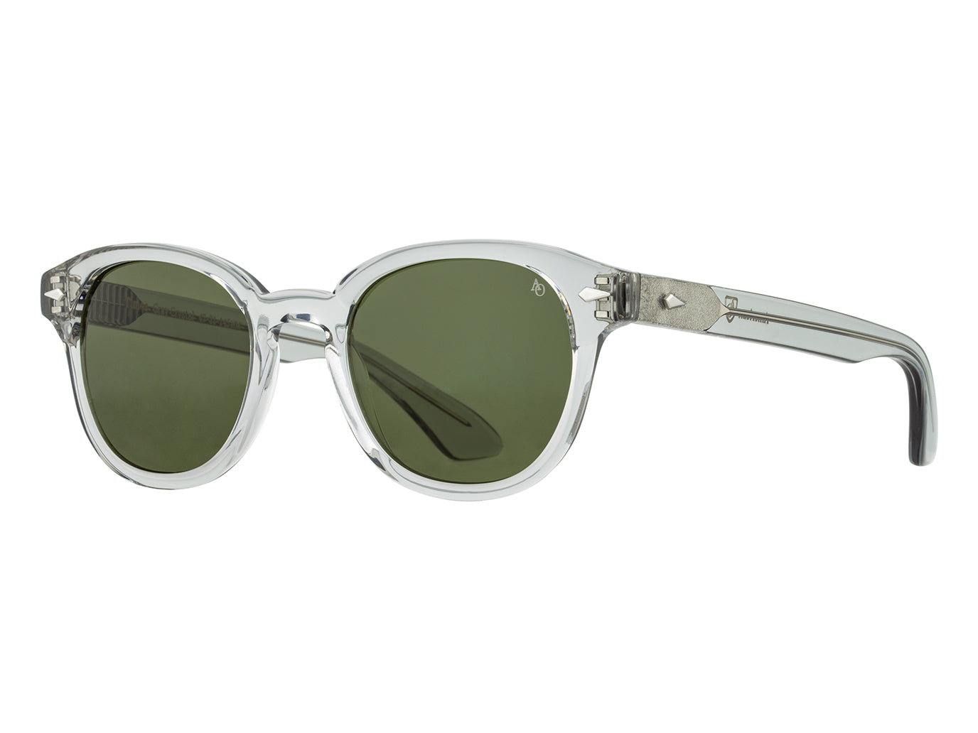 Front angle view of grey crystal American Optical Times acetate sunglasses with non-polarised green nylon lens