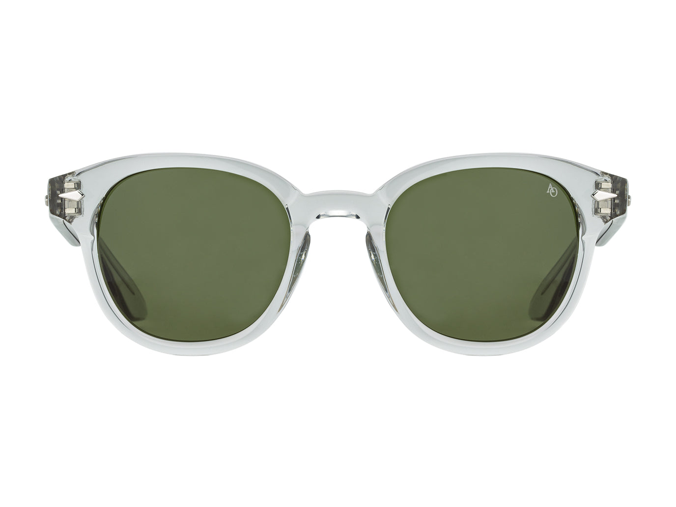 Front view of grey crystal American Optical Times acetate sunglasses with non-polarised green nylon lens