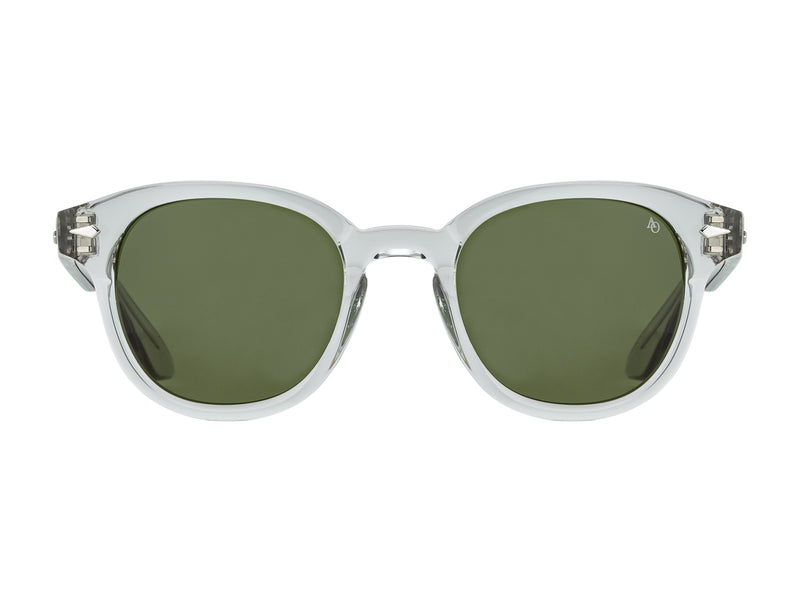 Front view of grey crystal American Optical Times acetate sunglasses with non-polarised green nylon lens