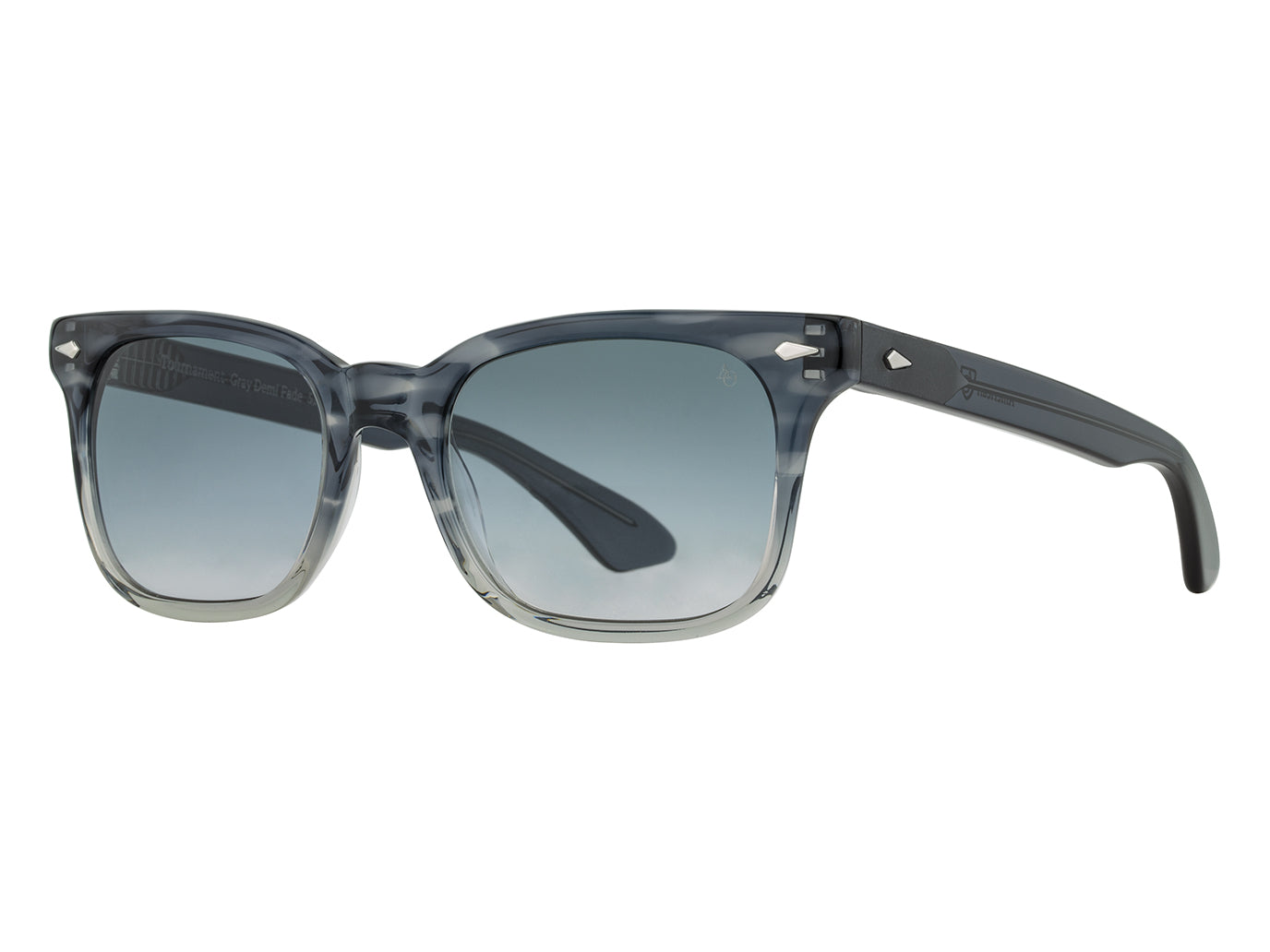 Front angle view of grey demi fade American Optical Tournament acetate sunglasses with non-polarised grey gradient nylon lens